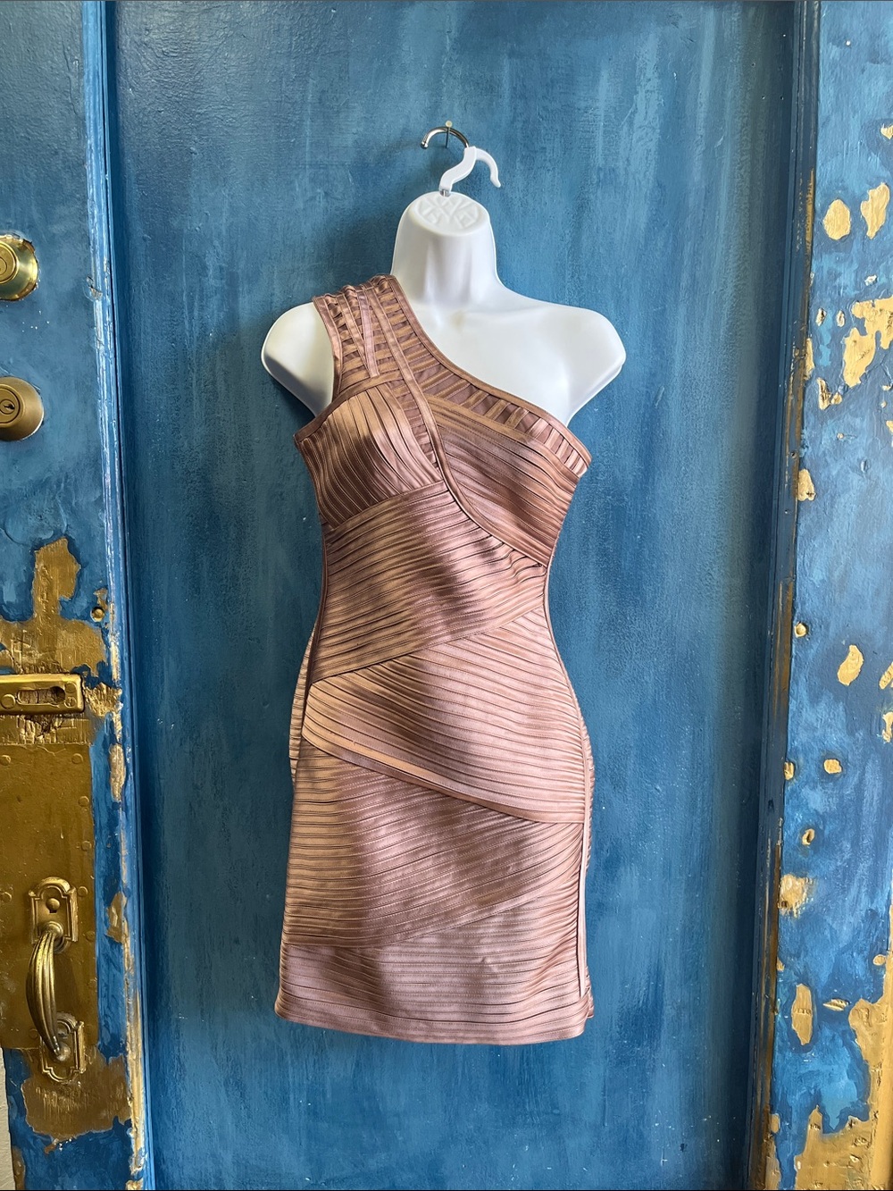 BCBGMaxAzria One-Shoulder Metallic Rose Gold Bandage Mini Dress